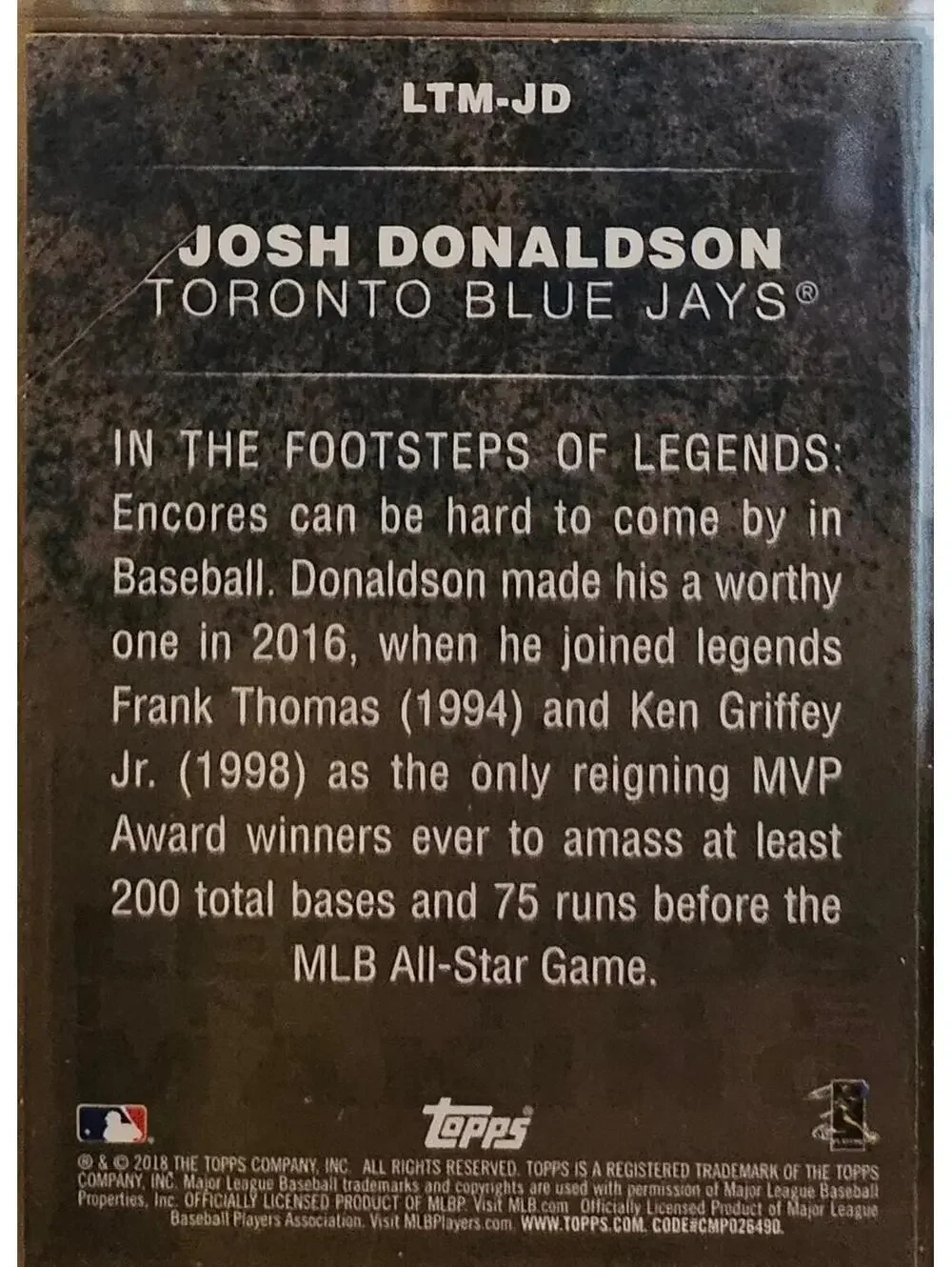 2018 Topps Legends In The Making BLACK Parallel SP # LTM-JD JOSH DONALDSON Jays